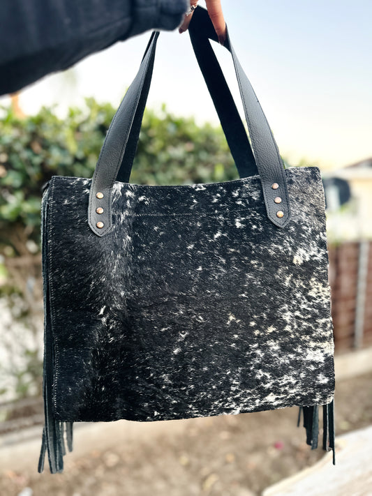 Black Cowhide Fringe Tote Purse