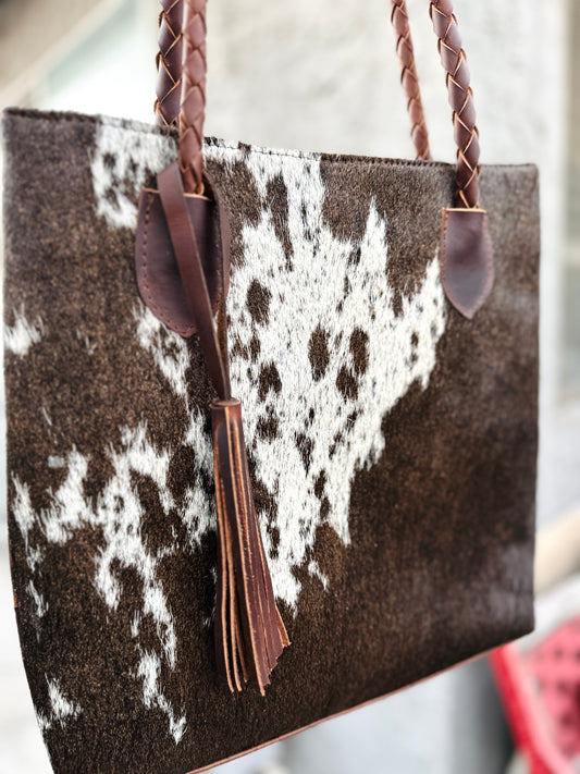 Brown Cowhide Braided Shoulder Purse