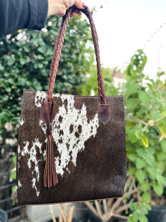 Brown Cowhide Braided Shoulder Purse